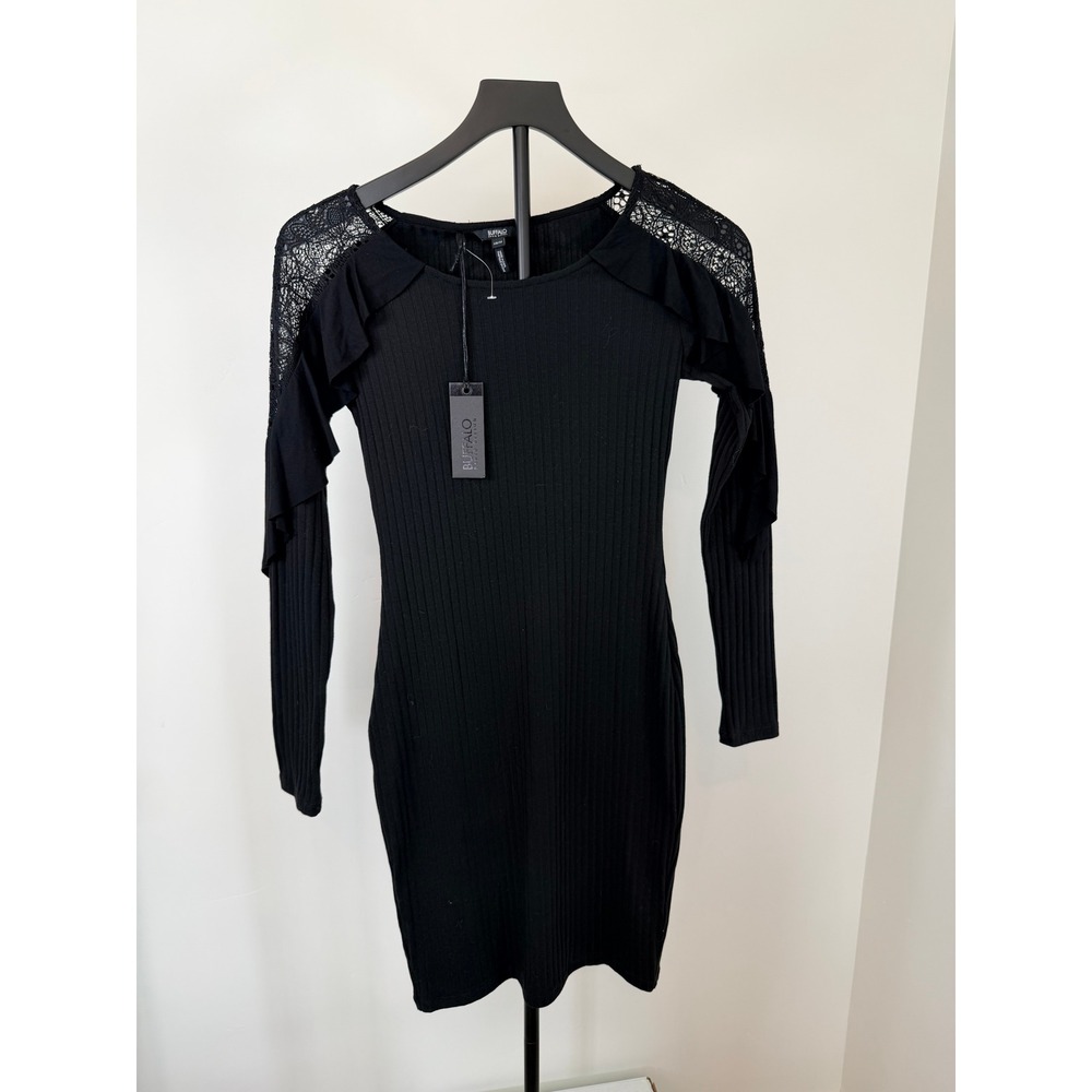 Buffalo David Bitton Black Ribbed Lace Ruffle Flutter Mini Dress XS NWT